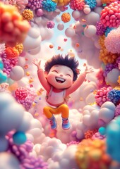 Dynamic Backflip on Trampoline with Floral Fantasy Background in 3D Art Deco Style