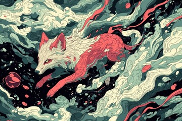 Surreal abstract illustration of a crimson fox emerging from a mystical, ethereal landscape