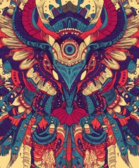 A vibrant, intricate illustration featuring a stylized animal with elaborate patterns and colors.
