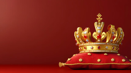 Obraz premium Royal gold crown with diamonds on red velvet pillow, majestic imperial crown for coronation, luxury monarch headpiece on royal cushion