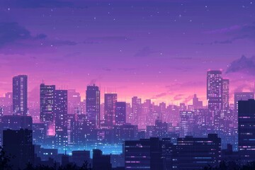 Fototapeta premium City skyline at twilight with a soft gradient sky and illuminated skyscrapers. Cozy vibe, Generative AI