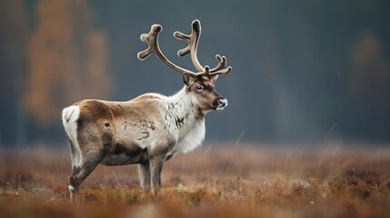 a single reindeer with large antlers walking on a grassy prairie during what appears to be fall.