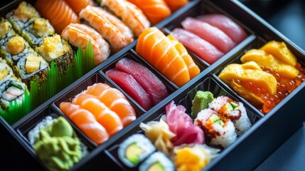 Colorful bento boxes filled with an assortment of sushi, sashimi, pickles, and tamagoyaki, showcasing a variety of flavors and textures.