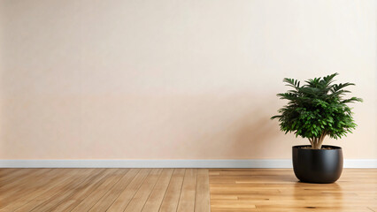 Vintage wooden vase with a plant on the parquet floor in a blank room with a large window