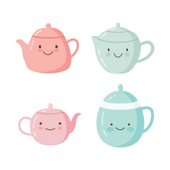 Collection of Cute Drink Teapot Kettle Character with Smile Expression