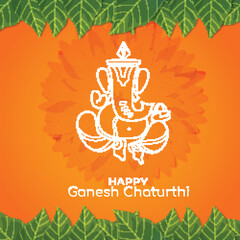Happy Ganesha Festival Orange Color Poster With Floral Background