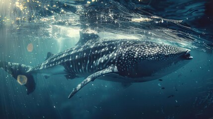 A captivating underwater scene featuring a mother whale shark and her offspring,