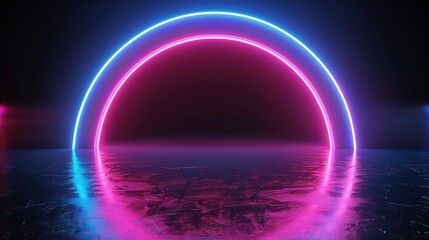 Neon lights arch reflecting on a wet surface.