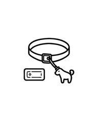 Black and white line drawing of a dog leash and collar with a dog tag.