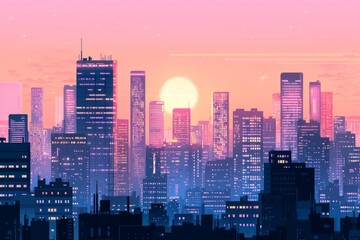 Fototapeta premium City skyline at twilight with a tranquil sky and a gentle glow from the buildings. Cozy vibe, Generative AI