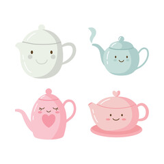 Collection of Cute Drink Teapot Kettle Character with Smile Expression