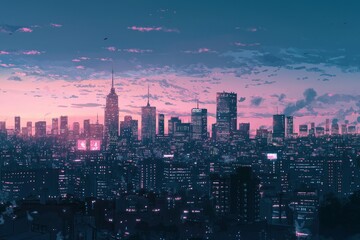 Obraz premium City skyline at twilight with calming colors and a peaceful cityscape. Cozy vibe, Generative AI 