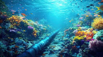 Fototapeta premium Underwater scene showing vibrant coral reefs and marine life surrounding a submerged pipeline in clear blue water.