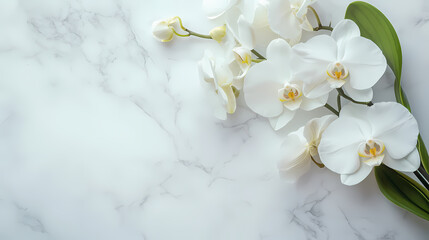 Fototapeta na wymiar White orchids on white marble table top view royalty free photo. Royalty. Illustration