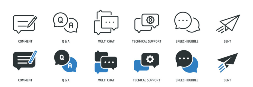 Chat, speaking line and glyph solid icons collection. Minimal icon and symbol series vector illustration