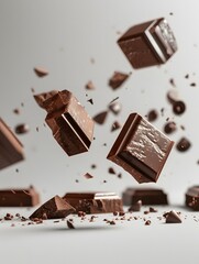 Falling chocolate slice isolated on white background, floating chocolate in the air