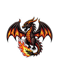 Editable vector illustration of a dragon breathing fire, with wings spread wide and a menacing expression.