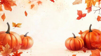 Naklejka premium Pumpkins with autumn leaves on light background with space for text with generative ai