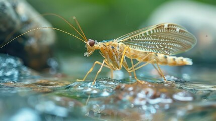 a water bug, which appears to be in motion over the surface of water.