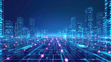 Fototapeta premium Futuristic city at night with glowing lines and buildings.