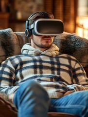 Obraz premium A person wearing a VR headset, immersed in a virtual experience while relaxing at home.