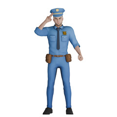 Cartoon Illustration of a Male Cop. A male policeman stands with his right hand pointing towards the hat. 3D Police Style