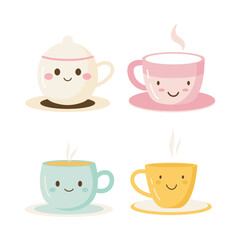 Collection of Cute Hot Tea Coffee Drink Character in Pastel Cup Mug