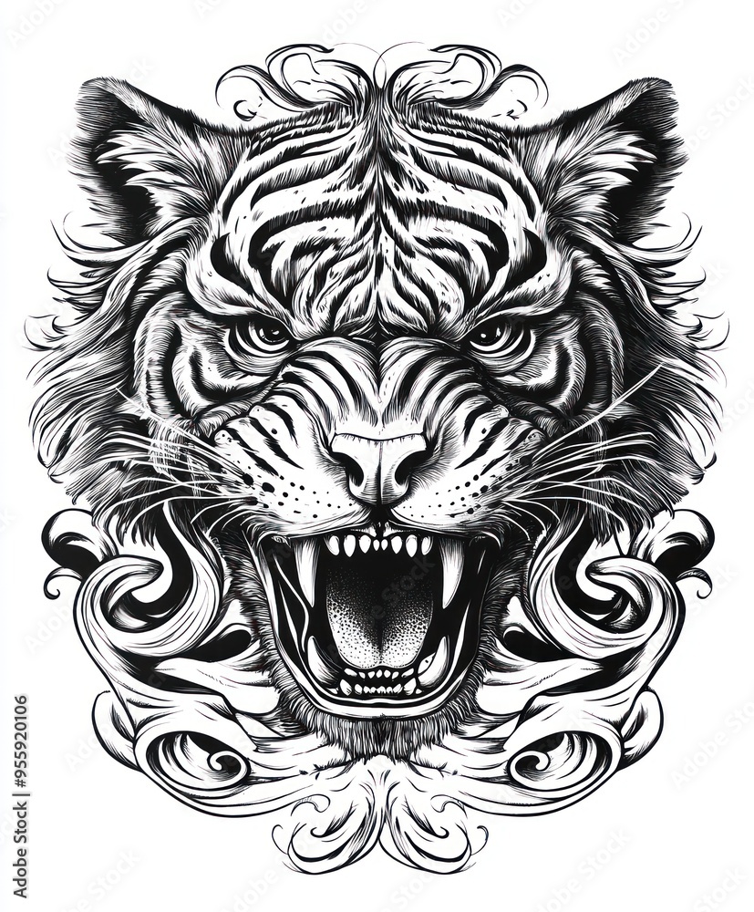 Canvas Prints A fierce tiger's head illustration with intricate details and swirling patterns.