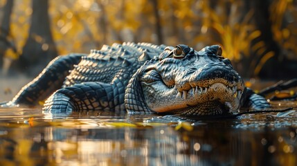 Obraz premium A crocodile swimming on a calm river.