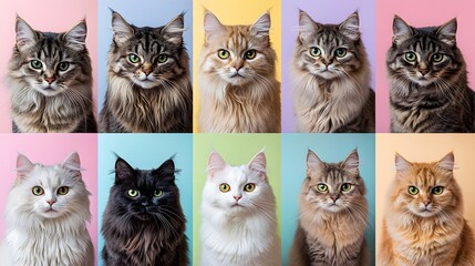 Portraits of Diverse Feline Breeds on Pastel Rainbow Background