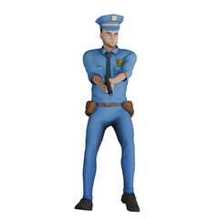 3D Professional Cartoon Cop Character. A male policeman stands with both hands holding a gun towards the front. Male Officer