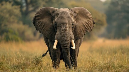 Obraz premium A mother elephant and her calf walking through a grassy plain with an expansive horizon.