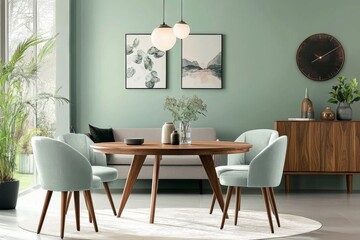 Scandinavian dining room with light green walls, an oval wooden table, matching chairs, a modern sofa, and a walnut cabinet.
