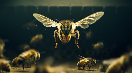 Fototapeta premium Close-up of a bee flying in front of a hive. Illustration of the dwarf bee's threat to honeybee colonies.