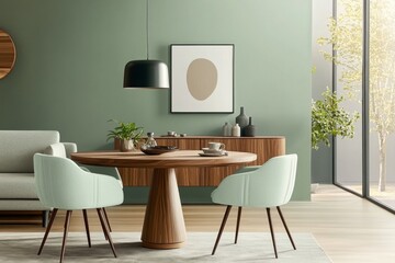 Scandinavian dining room with light green walls, an oval wooden table, matching chairs, a modern sofa, and a walnut cabinet.