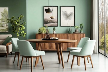 Scandinavian dining room with light green walls, an oval wooden table, matching chairs, a modern sofa, and a walnut cabinet.