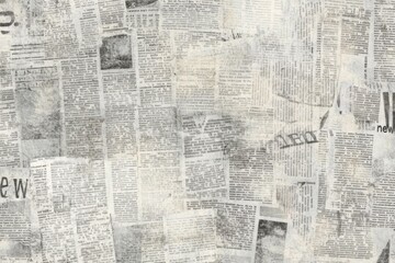 Vintage newspaper background with "new" text and grunge collage style, featuring gray tones and a textured paper cut-out effect.
