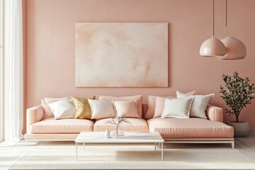Minimalist Living Room Design with Pink Sofa and White Coffee Table