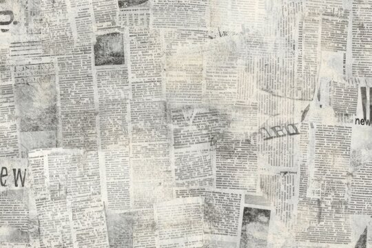 Vintage newspaper background with "new" text and grunge collage style, featuring gray tones and a textured paper cut-out effect.