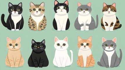 Charming Cartoon Cats in Mint Colored Background for Pets and Home Decor