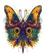 A vibrant, artistic butterfly illustration with intricate patterns and bright colors.