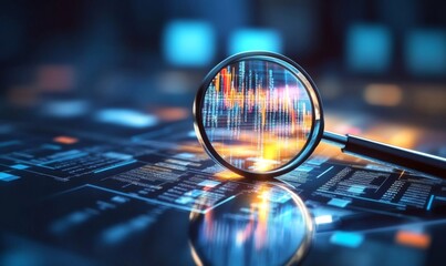 Magnifying glass over digital data visualizations, highlighting the clarity and focus AI technology brings to business analysis.