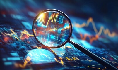 Magnifying glass over digital data visualizations, highlighting the clarity and focus AI technology brings to business analysis.