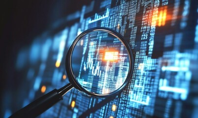 Magnifying glass over digital data visualizations, highlighting the clarity and focus AI technology brings to business analysis.