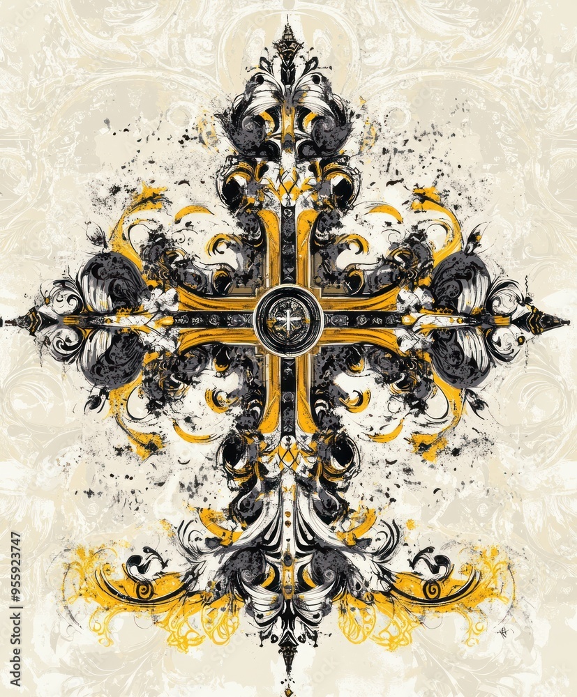 Canvas Prints Ornate graphic design featuring intricate patterns and a central emblem in black and gold.