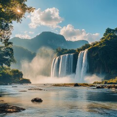 The Dray Nur Waterfall on the Serepok River at the Tay Nguyen (the Central Highlands) in Dak Lak Province (Daklak) of Vietnam. Scenic summer landscape with