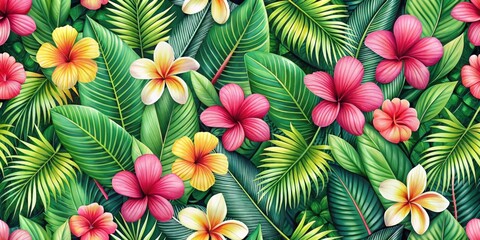 Naklejka premium Tropical flowers and leaves seamless pattern featuring hibiscus, plumeria, and palm fronds , hawaiian, background, seamless