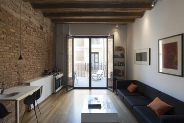 Fototapeta premium Modern Interior Design with Exposed Brick Wall and Wooden Beams
