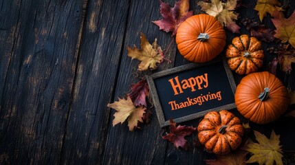 Fototapeta premium Happy Thanksgiving text with pumpkins and autumn leaves. Thanksgiving background