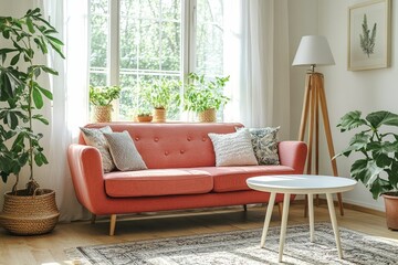 Cozy Living Room Interior Design with Pink Sofa, Plants, and Natural Light